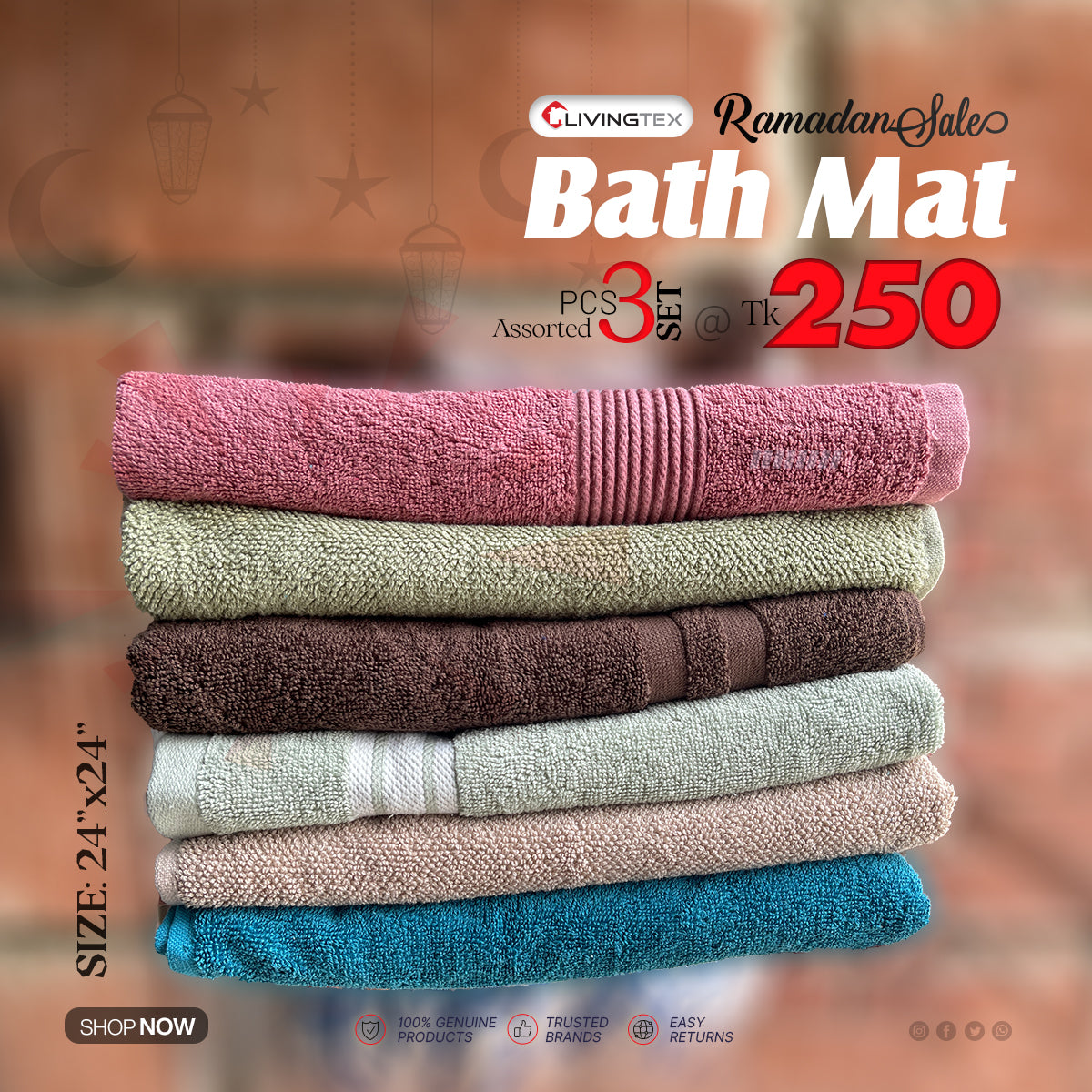 3 Pcs Assorted Color Bath Mat Bath Mat Livingtex