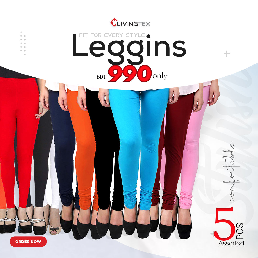 5 PCs Pack Assorted/Random color Leggings for Women -Livingtex