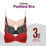 3 Pc's Padded Lace Trim Wired Full Cup Push-up Bra